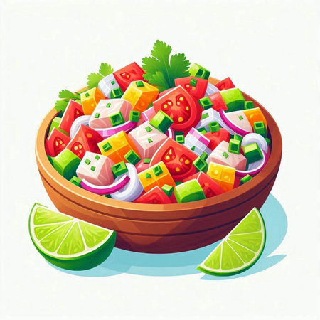 Vector illustration of a bowl of fresh vegetable salad with tomatoes, onion, cucumber, parsley and limeのイラスト素材