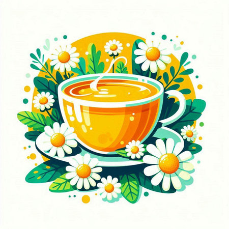 Cup of tea with chamomile flowers. Vector illustration.のイラスト素材
