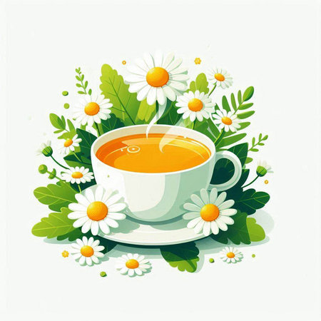 Vector illustration of a cup of chamomile tea with flowersのイラスト素材