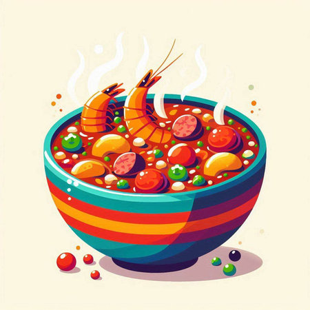 Seafood soup with shrimps in bowl. Vector illustration.のイラスト素材