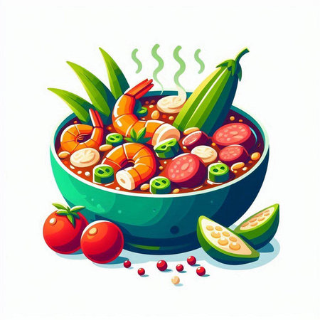 Vector illustration of a bowl of spicy soup with shrimps, zucchini, tomatoes and cucumbers.のイラスト素材