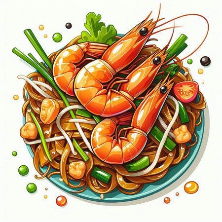 Illustration of shrimps in bowl with noodles and vegetables on white backgroundのイラスト素材