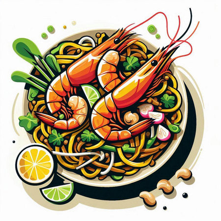 Illustration of Asian Noodle with Prawns and Vegetablesのイラスト素材
