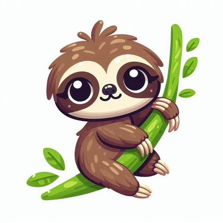 Cute cartoon sloth sitting on green branch. Vector illustration.のイラスト素材