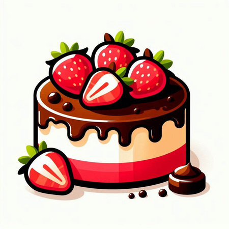 Vector illustration of a chocolate cake with strawberries on a white background.のイラスト素材