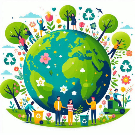 Ecology concept with people and planet. Vector illustration in flat styleのイラスト素材