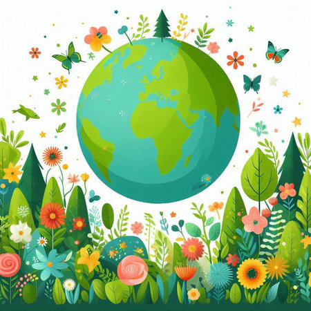 Green planet with flowers and butterflies on white background. Vector illustration.のイラスト素材
