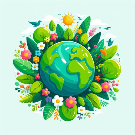 Vector illustration of planet earth surrounded by flowers and leaves. Ecological concept.のイラスト素材