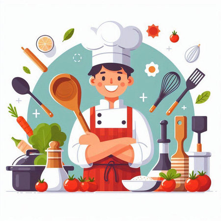 Chef cooking in kitchen. Vector illustration in flat cartoon style.のイラスト素材