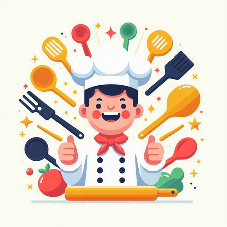 Cartoon chef with utensils. Vector illustration in flat styleのイラスト素材