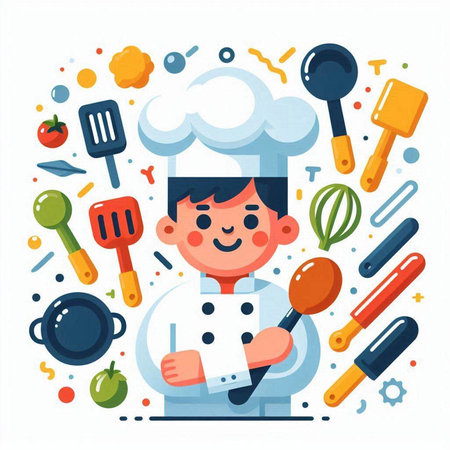 Chef boy with cooking tools. Vector illustration in flat style.のイラスト素材