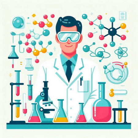 Scientist. Vector illustration in flat style. Laboratory equipment and science concept.のイラスト素材