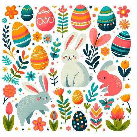 Easter bunnies, flowers and eggs. Vector illustration.のイラスト素材