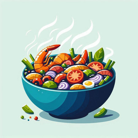 Vegetable salad in bowl with shrimps. Vector illustration.のイラスト素材