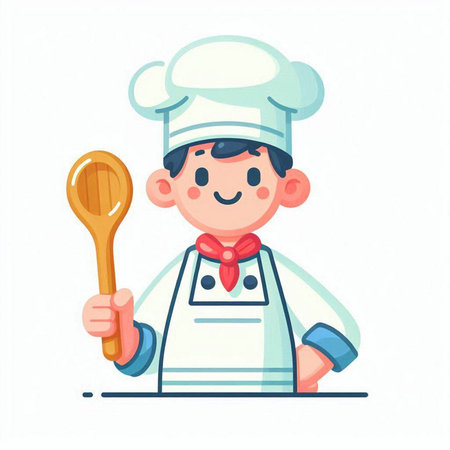 Chef boy with wooden spoon. Vector illustration in cartoon style.のイラスト素材
