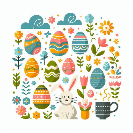 Easter background with eggs, bunny and flowers. Vector illustration.のイラスト素材