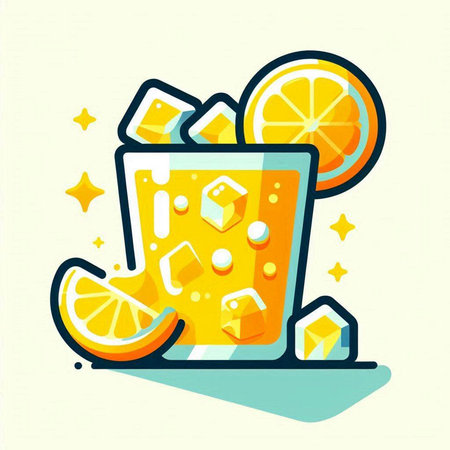 Orange juice with ice cubes and slice of orange. Vector illustration.のイラスト素材