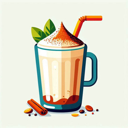 Illustration of a glass of cappuccino with whipped cream and cinnamonのイラスト素材