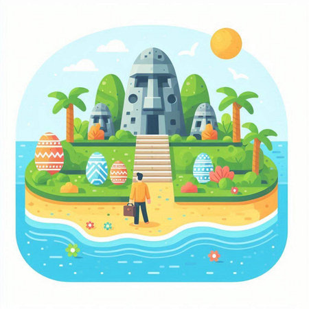 Easter egg hunt in flat style. Vector illustration of a man with a suitcase and an egg.のイラスト素材