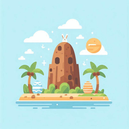 Tropical island with palm trees and rocks. Vector illustration.のイラスト素材