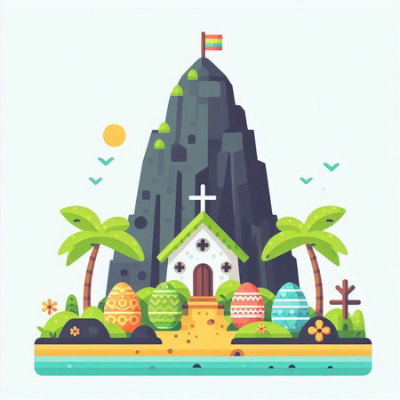 Easter vector illustration. Easter eggs on the island and church.のイラスト素材