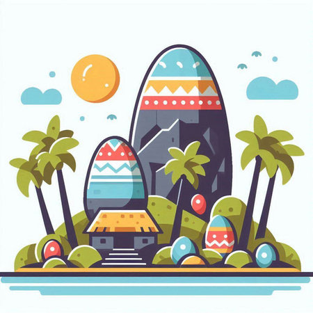 Vector illustration in flat style. Landscape with tropical beach, palm trees, sea and sky.のイラスト素材