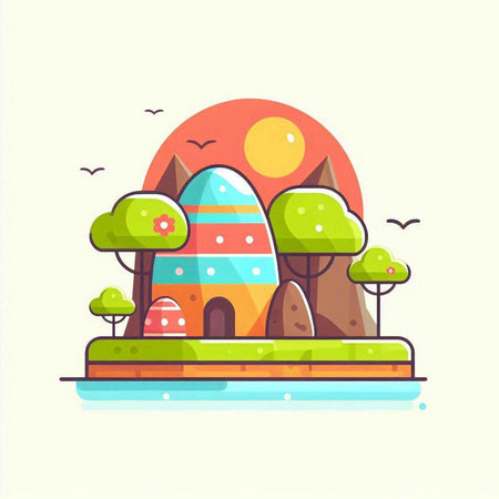 Cartoon house on the island. Vector illustration in flat style.のイラスト素材