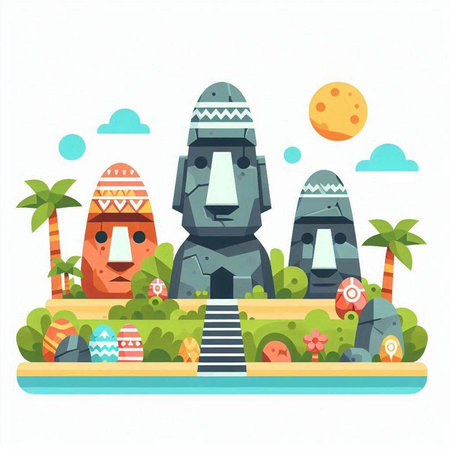 Flat design illustration of prehistoric stone statues on the island. Vector illustrationのイラスト素材