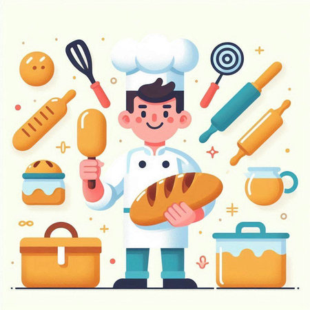 Cute cartoon chef with cooking tools. Vector illustration in flat styleのイラスト素材