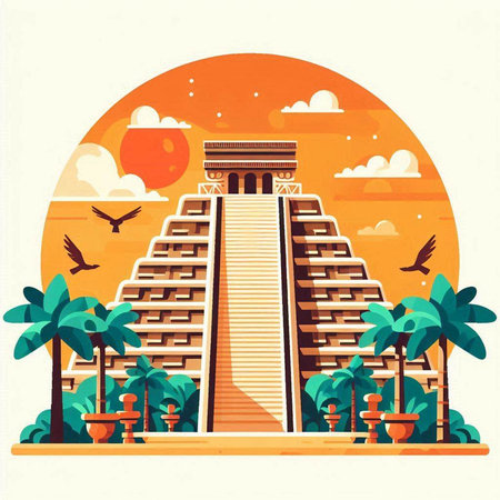 Temple of the Sun and palm trees, vector illustration in flat styleのイラスト素材