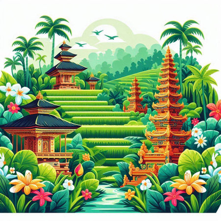 Chinese temple in the jungle. Vector illustration of a cartoon style.のイラスト素材