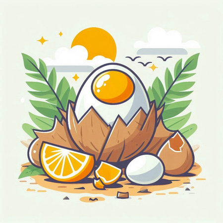 Vector illustration of fresh raw egg in shell with lemon and palm leavesのイラスト素材