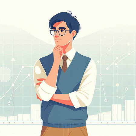 Businessman thinking and looking up on city background. Vector illustration.のイラスト素材
