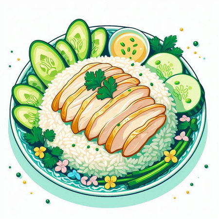 Illustration of a bowl of rice with chicken and cucumber.のイラスト素材