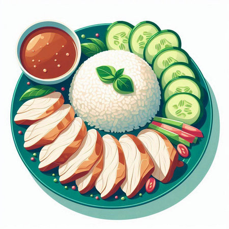 Illustration of steamed chicken with rice and vegetables on a plateのイラスト素材