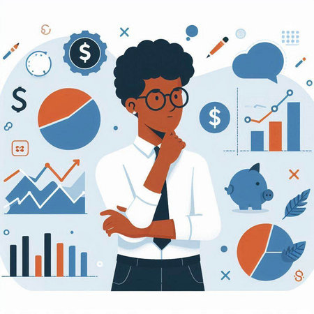 Vector illustration of a young african american businessman thinking about moneyのイラスト素材