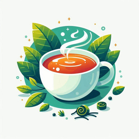 Cup of tea with green leaves. Vector illustration in flat style.のイラスト素材