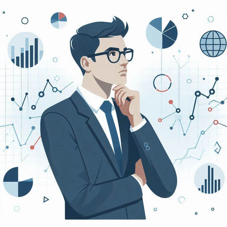 Vector illustration of a businessman thinking. Businessman in suit and glasses.のイラスト素材