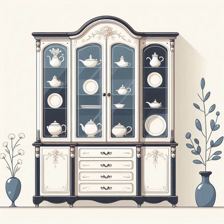 Vintage cupboard with dishes and vase. Vector illustration.のイラスト素材