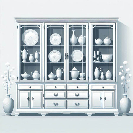 Cabinet with dishes and vases in the interior. 3d renderingのイラスト素材