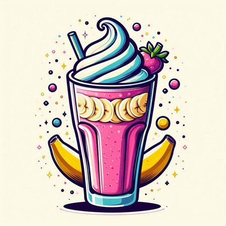 Banana milkshake with whipped cream and fresh fruits. Vector illustration.のイラスト素材