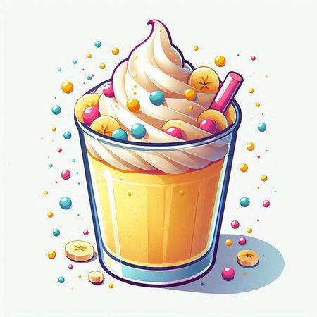 Vector illustration of a glass of milkshake with whipped cream and candies.のイラスト素材