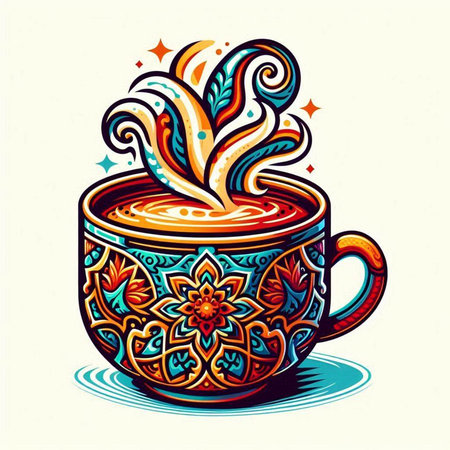 Cup of coffee with floral ornament. Hand drawn vector illustration.のイラスト素材