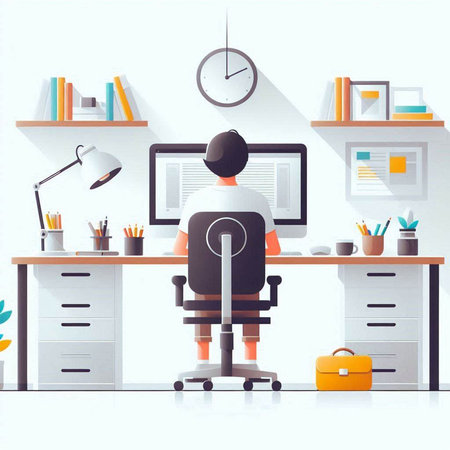 Businessman sitting at desk in office and working on computer. Vector illustrationのイラスト素材