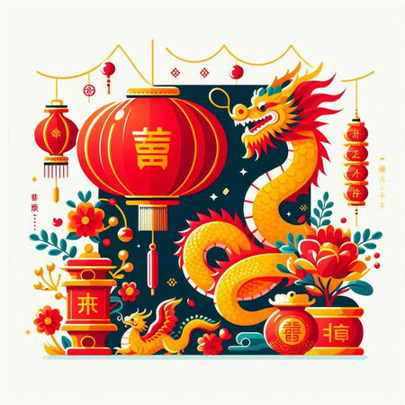 Chinese New Year background with dragon, lanterns and flowers. Vector illustration.のイラスト素材