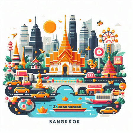 Bangkok cityscape with famous landmarks. Vector illustrationのイラスト素材
