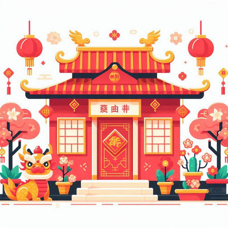 Chinese New Year background with traditional chinese buildings, lanterns and flowers. Vector illustrationのイラスト素材