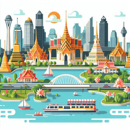 Thailand city landscape with skyscrapers and boats. Vector illustrationのイラスト素材