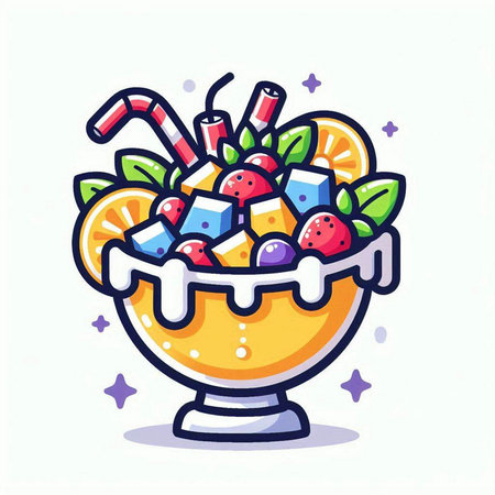 Fruit salad in a bowl. Vector illustration in cartoon style.のイラスト素材