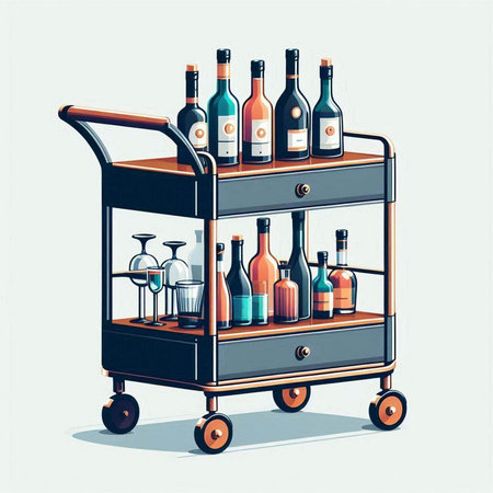 Trolley with bottles of wine. Vector illustration in retro style.のイラスト素材